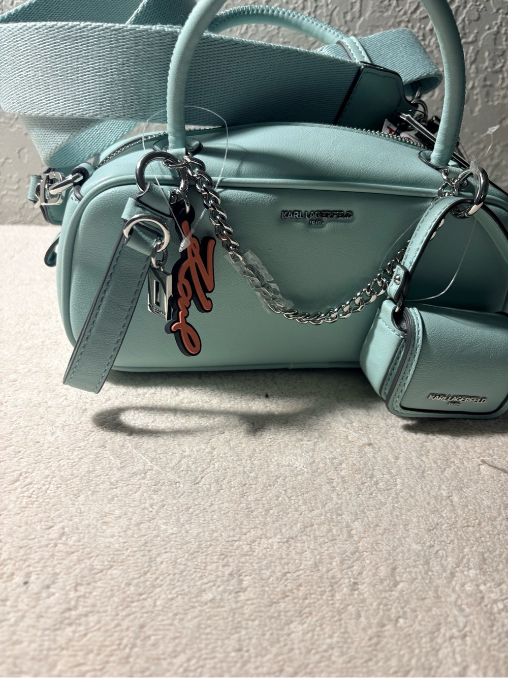 KARL LAGERFELD Mint Green Leather Crossbody with Charm and Mini Pouch